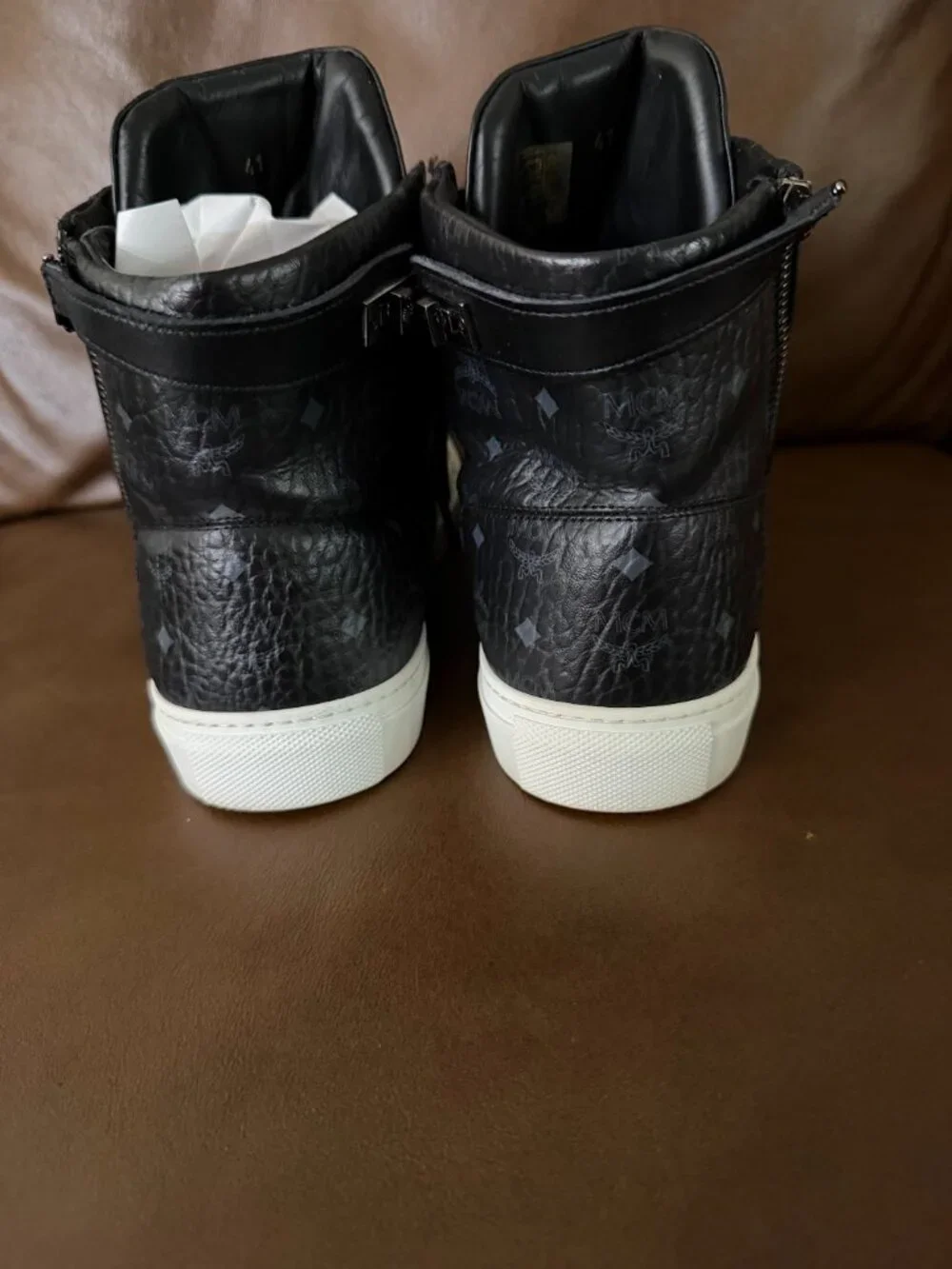 MCM Black Visetos High-Top Leather Sneakers - AUTHENTIC
